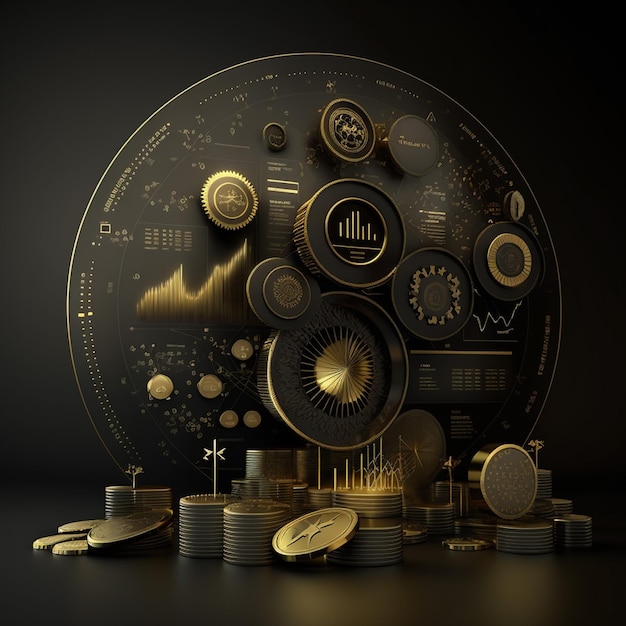 Münzen-Finanzdiagramm von oben nach unten, schwarzer Hintergrund, goldenes Thema