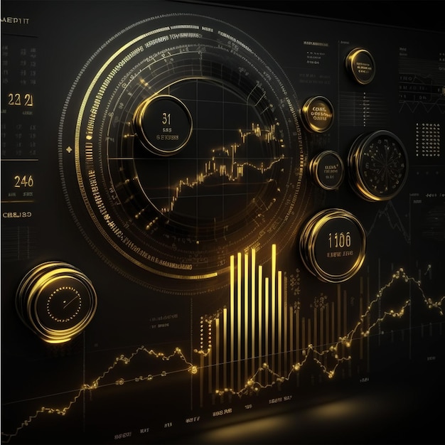 Münzen-Finanzdiagramm von oben nach unten, schwarzer Hintergrund, goldenes Thema