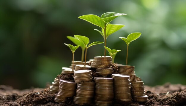 Münzen und Pflanzen werden auf einem Münzhaufen für Finanz- und Bankgeschäfte gezüchtet. Generative KI