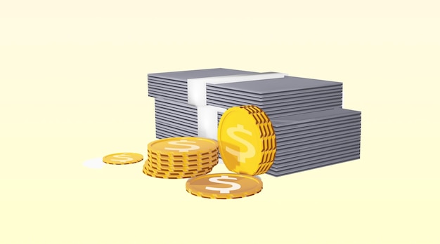 Münzen und US-Dollar-Scheine in 3D-Rendering