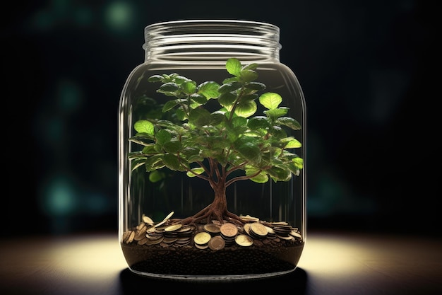 Münzen wachsen Pflanze in einem Glas Investition und Zinsen