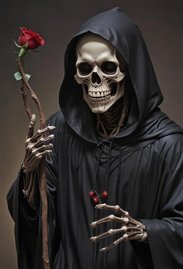 La muerte levanta la mano del esqueleto en un ambiente oscuro de estilo animado
