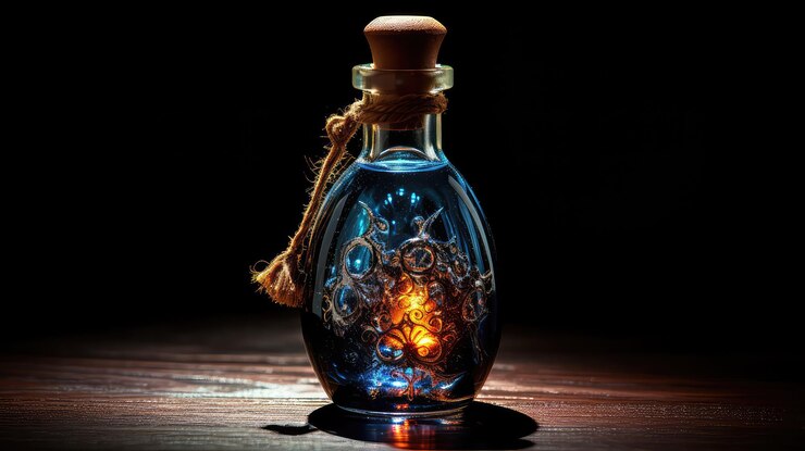 Foto muerte líquida mágica realista en botella vintage