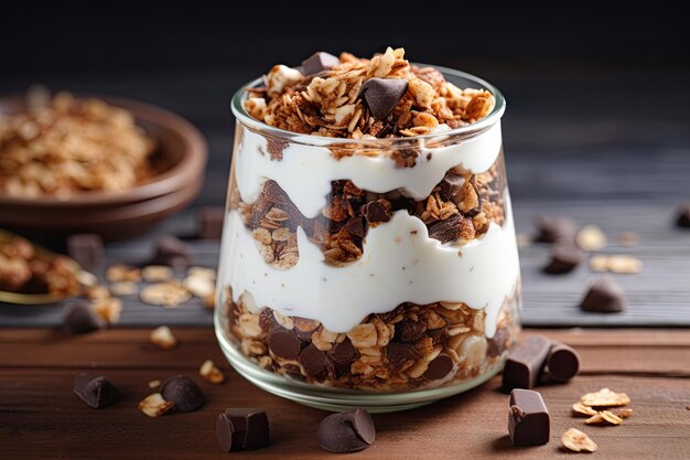 Muesli casero con avena, avellanas y chosodate servido con yogur fresco en un frasco de vidrio como una cura