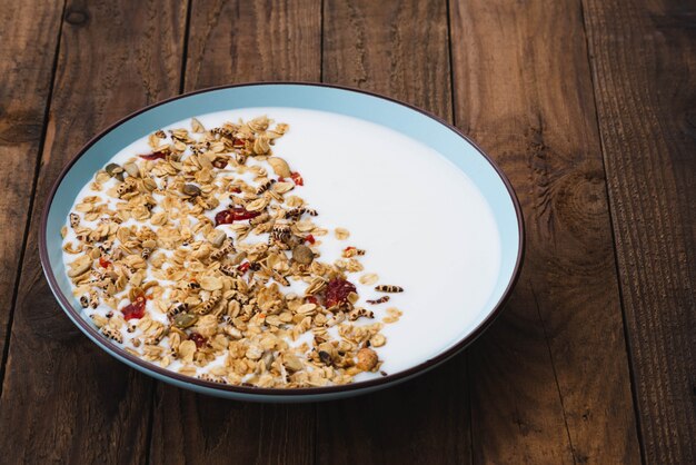 Müsli, Haferflocken mit Milch, Erdbeere