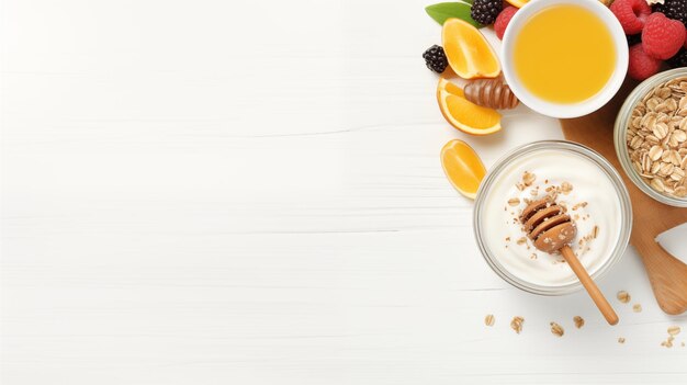 Foto muesli-joghurt mit schwarzbeeren, himbeeren und orangen