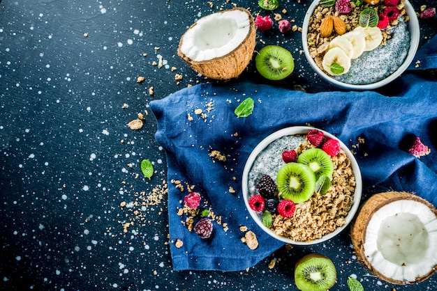 Müsli mit Chiasamen Joghurt, frischem Obst und Beeren