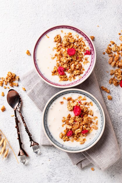 Müsli mit Joghurt und getrockneten Himbeeren