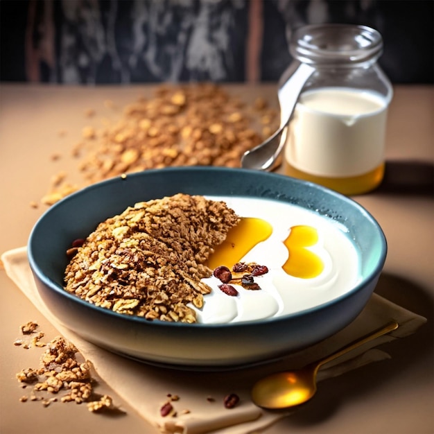 Müsli mit Rosinen und Haselnüssen, serviert mit Mandelmilch auf einem Holztisch. Gesundes Frühstück