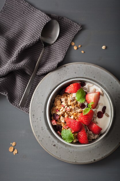 Müsli und Joghurt mit Samen und Erdbeeren zum Frühstück