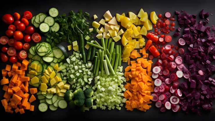 Se muestra un arcoíris de verduras sobre una superficie negra.