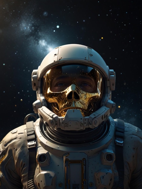 muestra a un astronauta con un casco de cráneo dorado