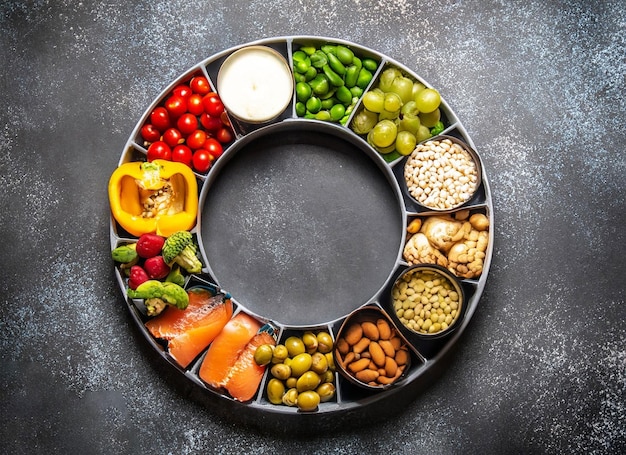 Se muestra una bandeja de comida que incluye frutas, nueces y nueces sobre un fondo oscuro.