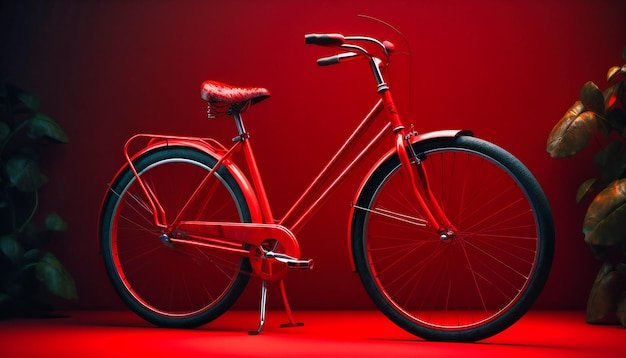 Foto se muestra una bicicleta roja sobre un fondo rojo.