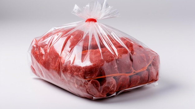 Se muestra una bolsa de carne sobre un fondo blanco.