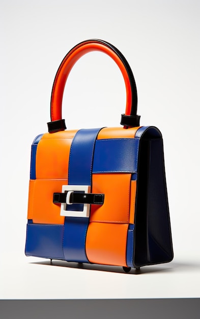 se muestra una bolsa colorida con mangos naranja y azul