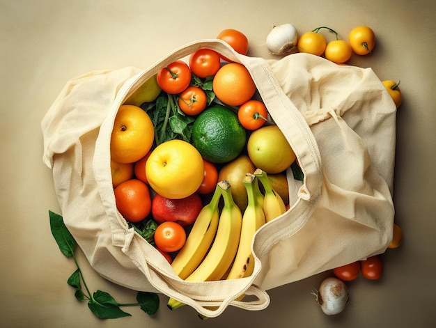 Se muestra una bolsa de fruta con un plátano y otras frutas.