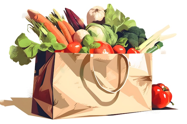 Se muestra una bolsa de papel con verduras con un fondo blanco.