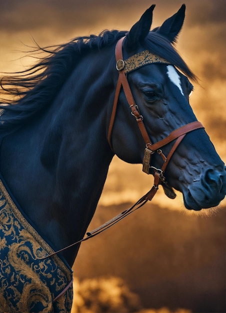 Foto se muestra un caballo con una brida en la cara