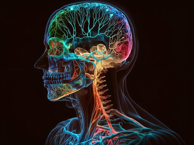 Se muestra una cabeza humana con el cerebro y el cerebro etiquetado como un diagrama del cerebro.