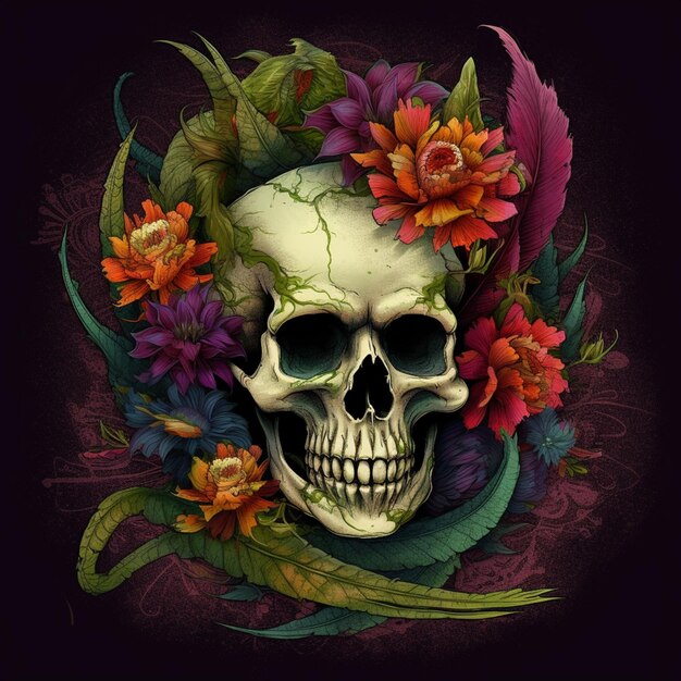 Se muestra una calavera con flores y hojas.