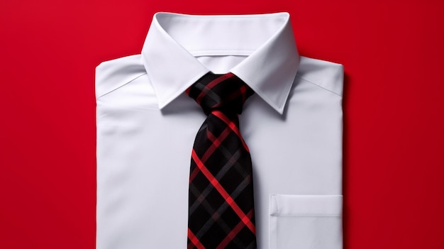 Se muestra una camisa blanca con una corbata a rayas rojas y negras sobre un fondo rojo.