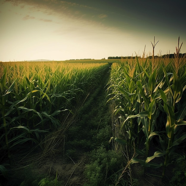 Se muestra un campo de maíz con un cielo de fondo.