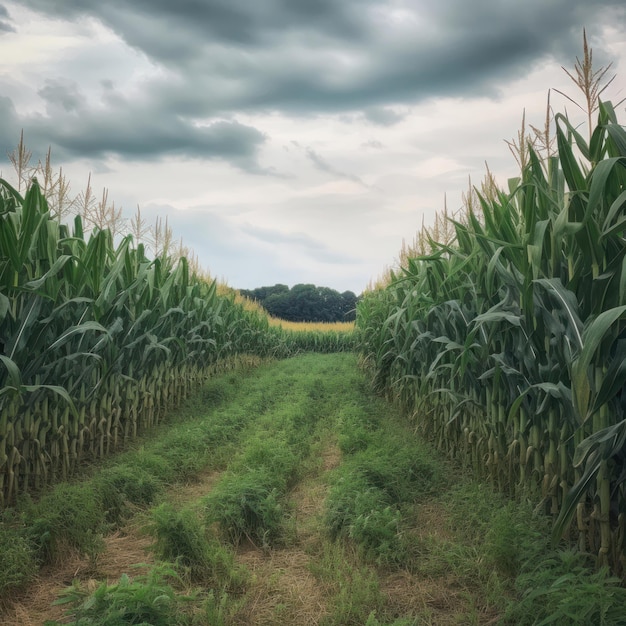 Se muestra un campo de maíz con un cielo nublado al fondo.