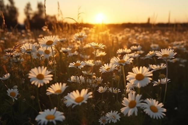 Se muestra un campo de margaritas al atardecer.