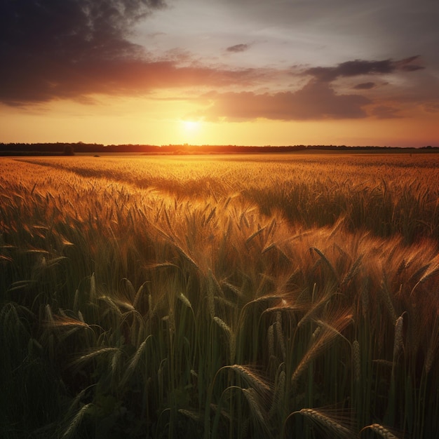 Se muestra un campo de trigo con la puesta de sol detrás de él.