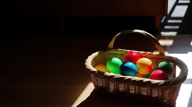 Se muestra una canasta de huevos de pascua con el sol brillando sobre ella.