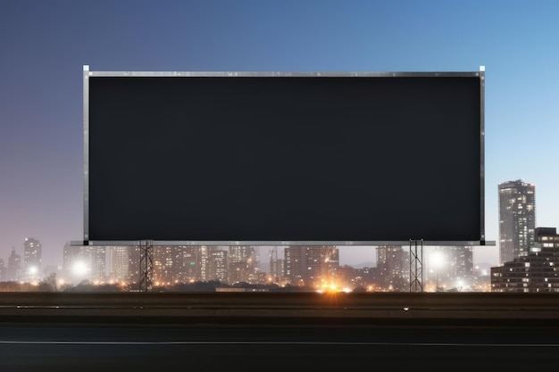 Se muestra una cartelera horizontal negra contra un fondo del horizonte durante la noche con una vista frontal La imagen es una maqueta de un concepto publicitario