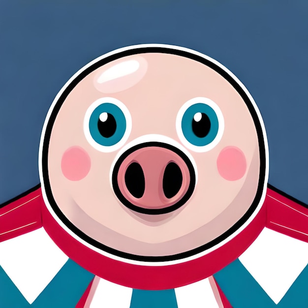 Se muestra un cerdo con una camisa roja y blanca y ojos azules.