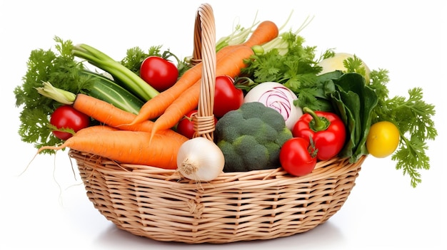 Se muestra una cesta de verduras con un fondo blanco.