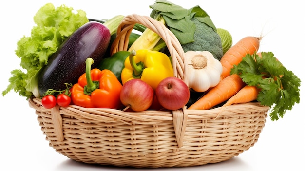 Se muestra una cesta de verduras con un fondo blanco.