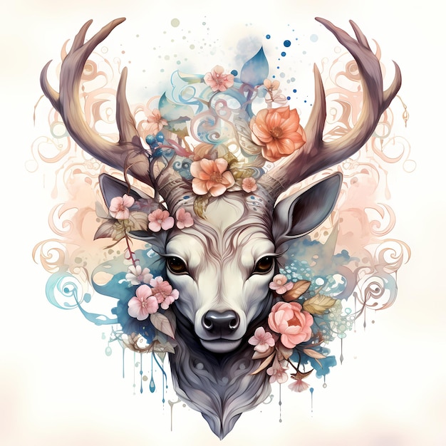se muestra un ciervo con flores en la cabeza.