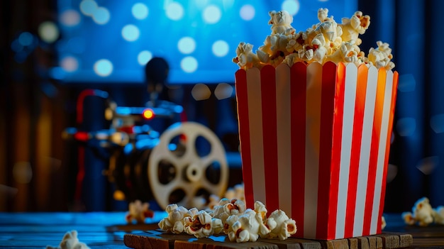 Se muestra un cine con un cubo de rayas rojas y palomitas de maíz en primer plano