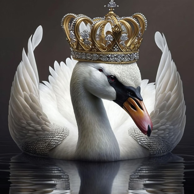 Se muestra un cisne con una corona de oro en la cabeza.