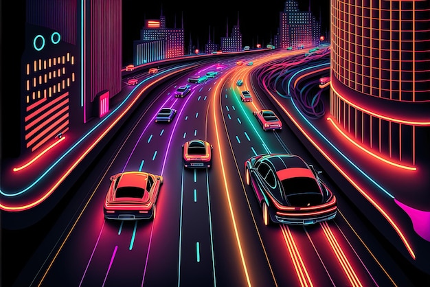 Muestra de una ciudad por la noche completa con vehículos que se mueven por una autopista de cuatro carriles o autopista