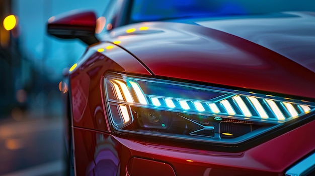 se muestra un coche rojo con las luces encendidas