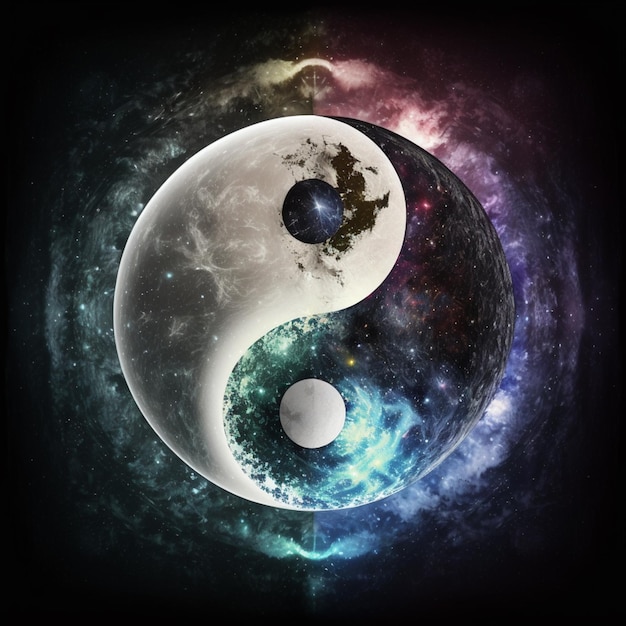 Se muestra un colorido y colorido símbolo yin yang con la palabra yin y la palabra yin.