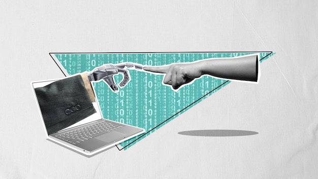 Se muestra una computadora portátil con una mano apuntando a ella