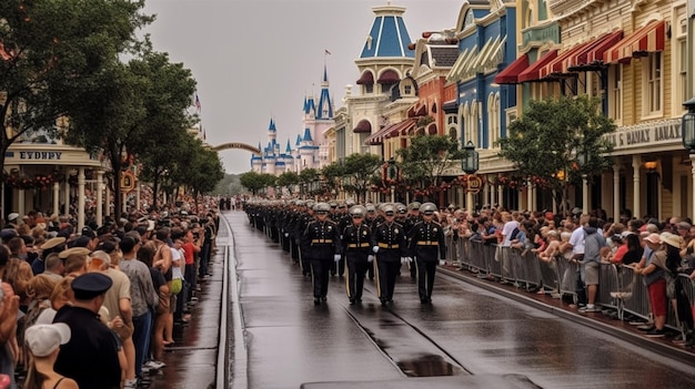 Se muestra un desfile en la calle principal.