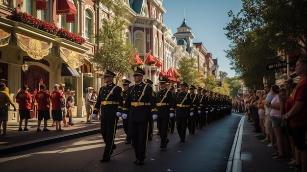 Se muestra un desfile en la calle principal.