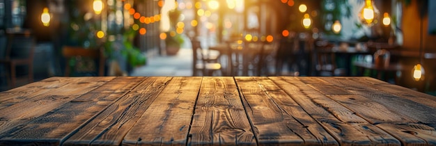 Foto se muestra una detallada mesa de madera con múltiples luces colgando de ella creando una atmósfera acogedora e invitante las luces arrojan un brillo cálido añadiendo un toque de encanto al espacio