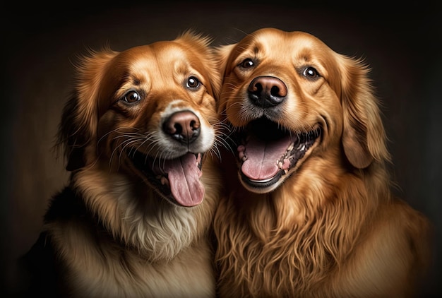Se muestra a dos perros sonrientes sentados y sacando la lengua.
