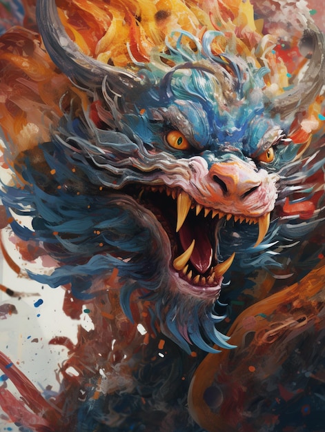 Se muestra un dragón con cara azul y ojos amarillos.