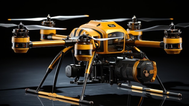 Se muestra un dron con cuerpo amarillo.