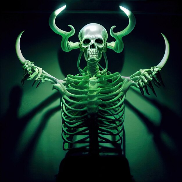 se muestra un esqueleto con cuernos y cuernos en una habitación oscura.