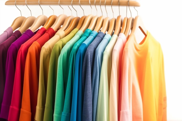 Se muestra un estante de camisas coloridas con una de las camisas en el estante.